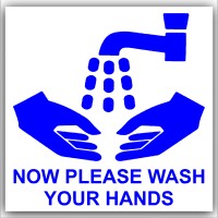 6 x Now Wash Your Hands-Blue on White,External Self Adhesive Warning Stickers-Bathroom Toilet Health and Safety Sign